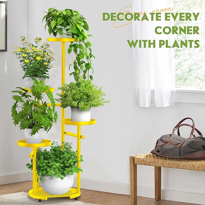 TOSKING 5 Tier Metal Plant Stand Indoor, Plant Shelf, Corner Shelf Flower Pot Stand for Outdoor Plant Stand for Living Room Balcony Garden Patio Bedroom (yellow, 38in)