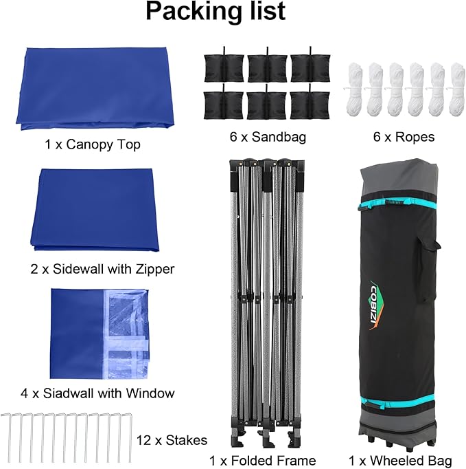 COBIZI 10x20 Pop up Canopy Tent 10x20 Canopy with 6 Sidewalls Waterproof Heavy Duty Commercial Canopy Tent for Parties Outdoor Garden Gazebo, Carry Bag with Wheel(10x20ft, Dark Blue)