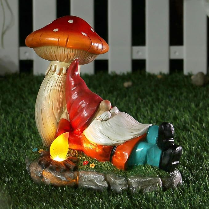 Solar Garden Gnomes Statues with Mushroom, Cute Funny Solar Powered Gnome Décor for Outdoor, Yard, or Patio as for Women Mom 8.5 Inch