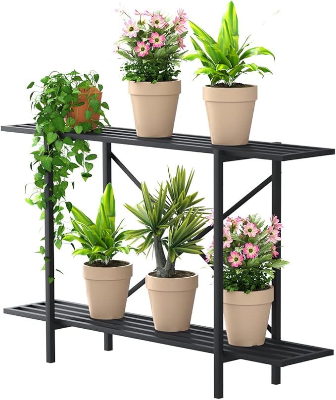 Zhongma 2 Tier Metal Sturdy Heavy Plant Stand, Narrow Plant Stand Indoor and Outdoor, L45.67 x W10.3 x H27.5 inch, 440 LBS Capacity & Heavy Duty Construction. …
