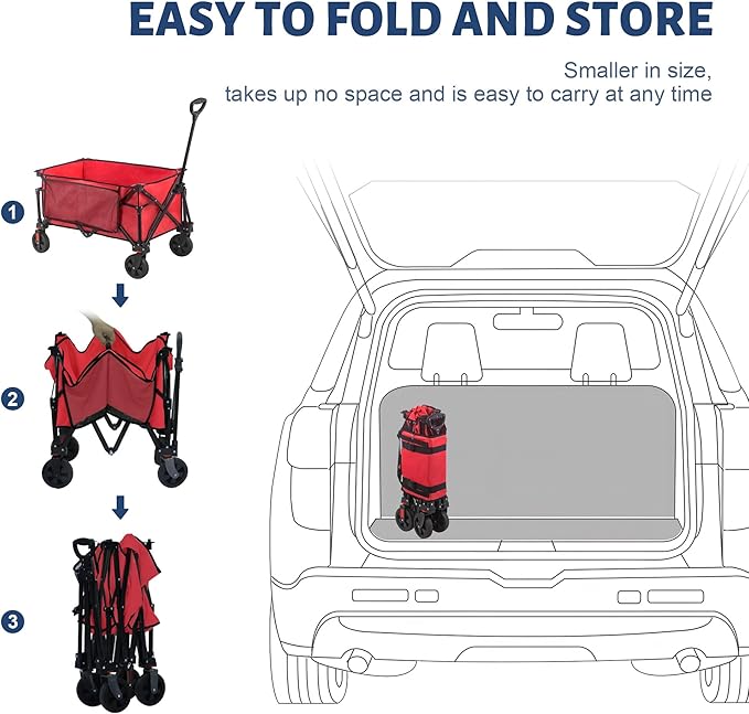 Collapsible Folding Wagon Cart, 220LBS Heavy Duty Foldable Utility Garden Cart with All Terrain Wheels & Side Storage Bag, Portable Sports Wagon for Camping, Shopping, Garden. (Red)