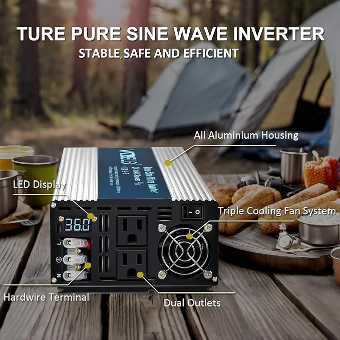 WZRELB 3000W Pure Sine Wave Inverter 36V DC to 110V 120V AC Power Converter with LED Display, Hardwire Terminal,Off-Grid Portable Power Inverter with Dual AC Outlets for Home, RV, Truck, Camping