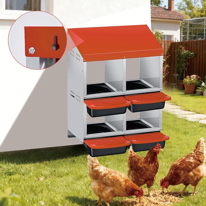 Chicken Nesting Boxes with Rollout Egg Collection – 4-Compartment Metal Hen Nest Box with Removable Trays, Slanted Roof & Ventilation, Wall Mount or Standing for Backyard Poultry Coop, Orange