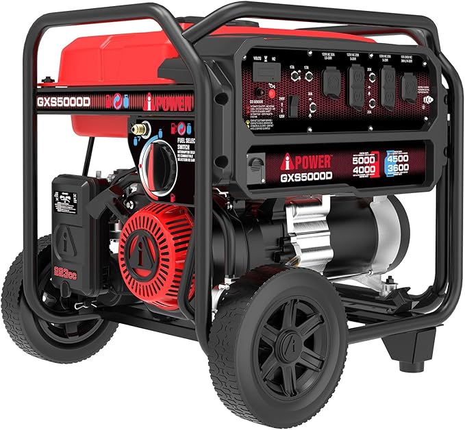 A-iPower 5000-Watt Portable Generator Gas & Propane, CO Sensor Shutdown, Heavy Duty Generators with 223cc OHV Engine For Jobsite, RV, Home Backup, Emergency (GXS5000D)