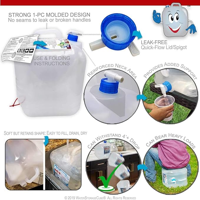 WaterStorageCube BPA Free Collapsible Water Container with Spigot, Camping Water Storage Carrier Jug for Outdoors Hiking Backpack & Survival Kit, Foldable Portable Water Canteen 1.3/2.6/5.3 Gallon