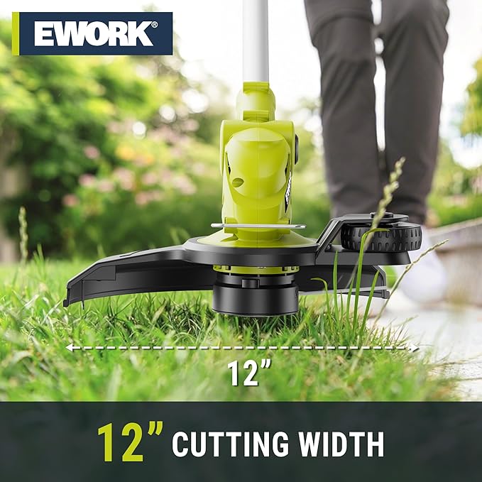 EWORK 20V Electric Weed Wacker 12-Inch Trimmer and Edger with Auto Line Feed, Cordless String Trimmer with 2.0Ah Battery and Charger & 6 Replacement Spools for Lawn, Garden, Yard, etc