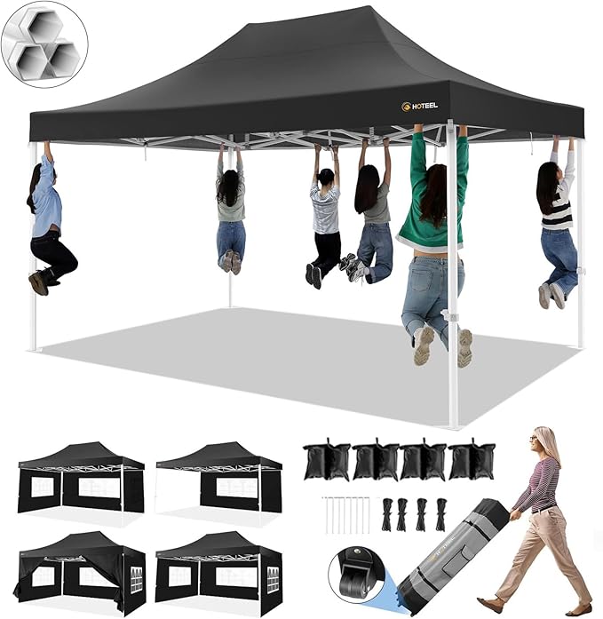 HOTEEL 10x15 Pop up Canopy Tent for Parties, Heavy Duty Easy Setup Tent with 4 Sidewalls, Outdoor Commercial Instant Gazebo for Wedding Event, with Roller Bag & Sand Bags, Black(Hexagonal Frame)