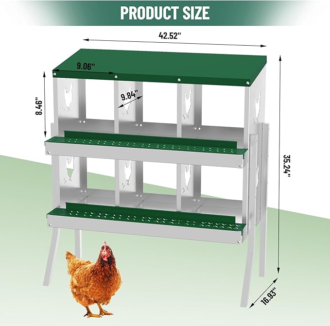6 Holes Chicken Nesting Boxes, 2 Tiers 6 Compartments Metal Egg Laying Boxes with Legs, Wall Mount or Free Standing, Ventilated for Chickens, Hens, Ducks, Farm, Yard, Poultry Coop Accessories, Green