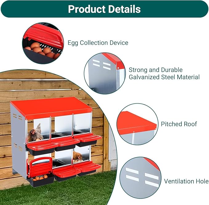 Metal Nesting Box for Chickens (6 Holes) - Heavy Duty Galvanized Steel Hen Laying Box, Outdoor Poultry Nest for Hens, Farm & Ranch Poultry Habitat Supplies
