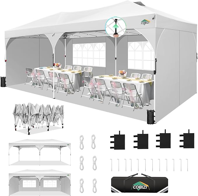 COBIZI 10x20 Pop Up Canopy Tent with 4 Sidewalls, Instant One-Push Setup, Commercial Canopy with Air Vent & Reflective Strip, UPF 50+ Waterproof Party Tent with Sandbags & Stakes for Events (White)