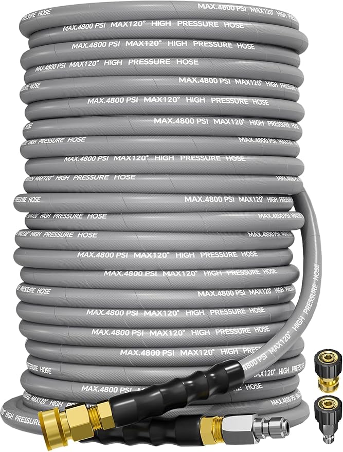 3/8" 4800PSI Pressure Washer Hose 125FT with Swivel Quick Connect for Cold/Hot Water Max 248°F, Kink Resistant Steel Wire Braided, Wear Resistant Power Washer Hose with M22 14mm Adapter