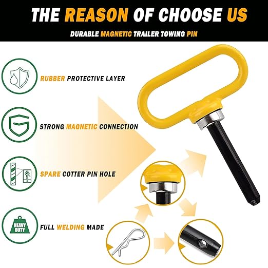 Magnetic Hitch Pin, Lawn Mower Trailer Hitch Pins 1/2 Inch - Strong Heavy Duty Magnet Trailer Gate Pin for Mowers, Lawn Tractors, Towing Cargo, ATV - Simple One Handed Hook On & Off(Yellow)