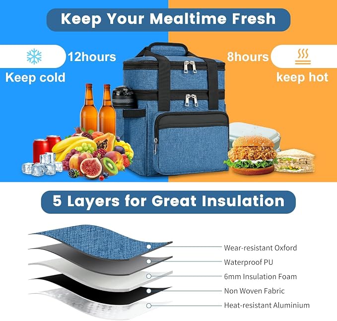holuxer Insulated Lunch Bag & Lunch Box for Men - Double Deck Reusable Lunch Bag for Women Tote Cooler Bag Leakproof Soft Expandable - Large Lunchbox for Work/Adult/Picnic/Outdoor (Blue,15L)