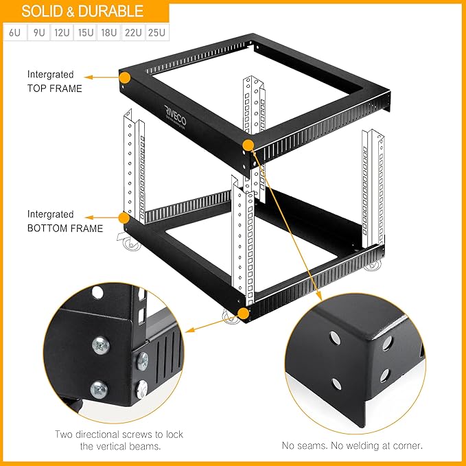 RIVECO 25U Open Frame Server Rack with Wheels + PDU (8 Outlets) Power Strip Surge Protector (2pcs Rack Shelves +1 PDU, 25U)