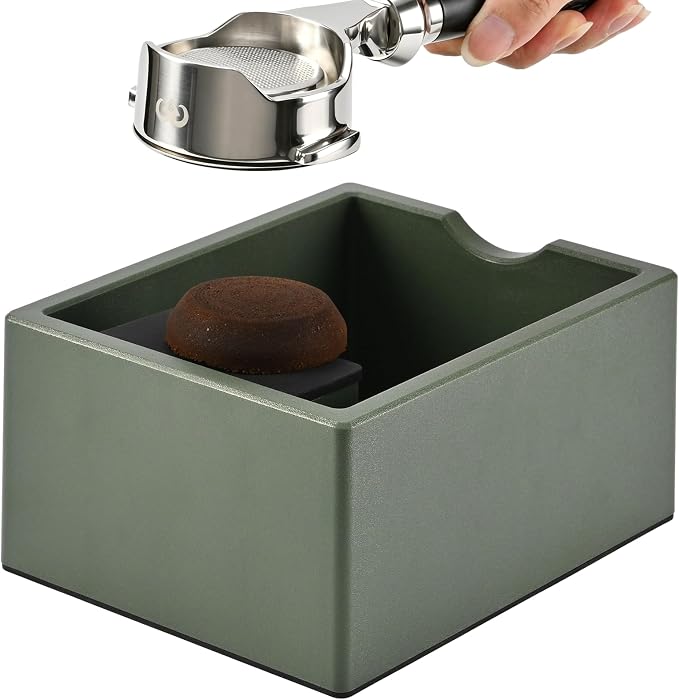 Espresso Knock Box with Brush, 15 Pucks Coffee Grounds Dump Bin with Silicone Knock Bar, Anti-Slip Base & Tamping Station, Quiet Knockbox Set for Barista Home Kitchen & Coffee Bar, Green