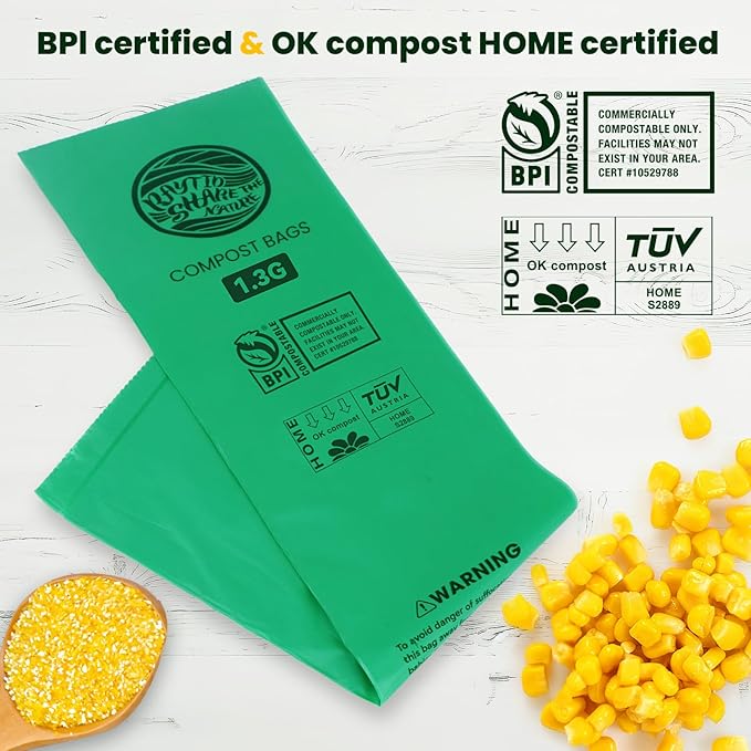 Compost Bags 1.3 Gallon,100 Count,Compostable Small Trash Bags for Kitchen Countertop Compost Bin 0.75, 1,1.2, 1.3Gallon,ASTM D6400, US BPI and Europe OK compost HOME certified