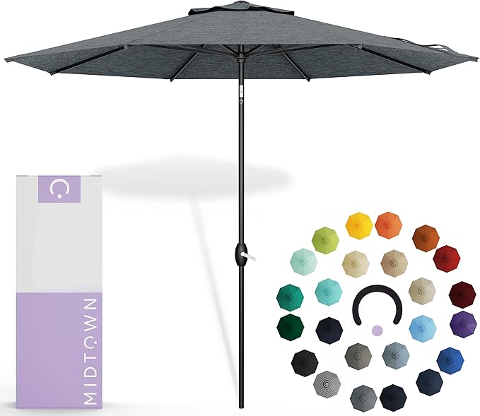 Midtown Umbrellas Sunbrella Umbrella 8 Feet Outdoor Umbrella With Sunbrella Cast Slate Acrylic Fabric - Auto-Tilt Aluminum Frame Patio Umbrella For Backyard, Deck, Garden, Pool - Black Pole