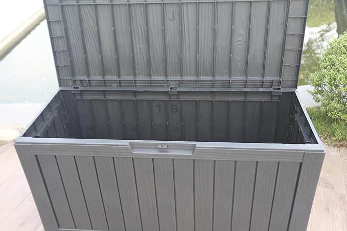 BTEXPERT 75 Gallon Resin Deck Box, Outdoor Storage Container for Patio Furniture Garden Tools Cushions Pool Sports Equipment Waterproof Lockable Stainless Steel insert UV Resistant Set of 2