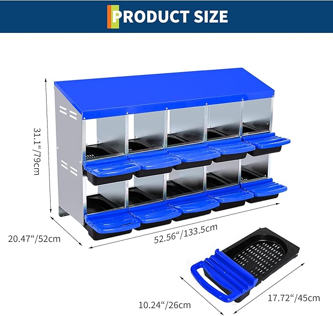 Chicken Nesting Box, 10 Compartment Roll Away Egg Laying Box for Hens, Wall Mounted & Freestanding (2 Modes of Use), Easy Egg Collection, Cleanable Pull Out Nesting Box, Blu, NL
