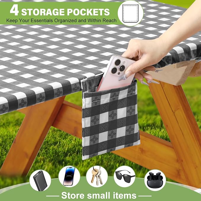 Fitted Picnic Table Cover with Bench Covers Waterproof Elastic Edges Rectangle Patio Tablecloth Outdoor Camping Essentials Stuff Rv Accessories Summer Trip Travel Supplies Party Camper Gifts, 6 ft