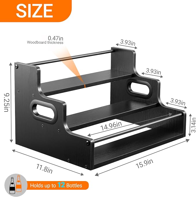 YQBRAO 3-Tier Liquor Bottle Display Shelf,Coffee Syrup Rack Organizer,Water Bottle Organizer, Mini Bar Cabinet, Rustic Bar Shelves for for Liquor Whiskey, Spirits(Black)