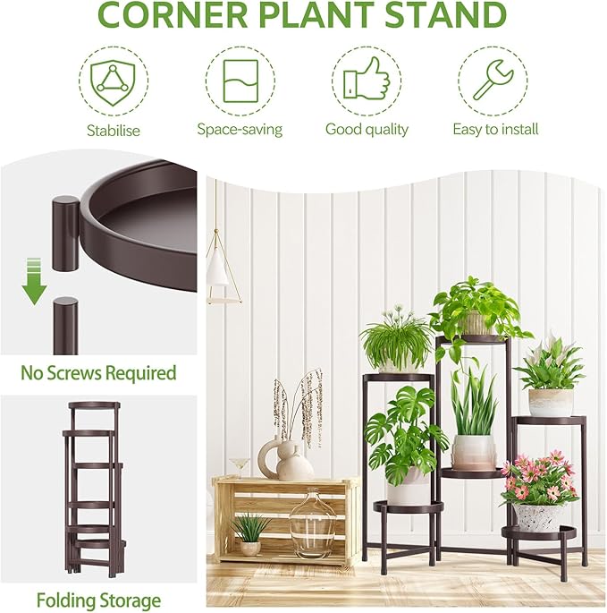 iDavosic.ly 6 Tier Large Plant Stand Indoor, 10 Inch Wide Tall Corner Metal Plant Stands Outdoor for Multiple Plants, Folding Tiered Flower Display Holder Rack Shelf, Violet Bronze