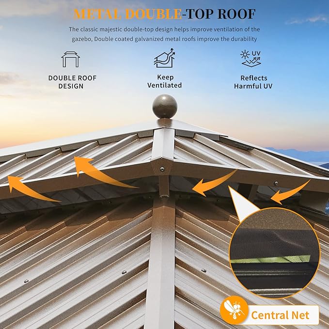 YOLENY 10' X 13' Hardtop Gazebo Galvanized Steel Outdoor Patio Gazebo Canopy Double Roof Pergolas Aluminum Frame with Netting and Curtains for Garden, Patio, Lawns, Parties