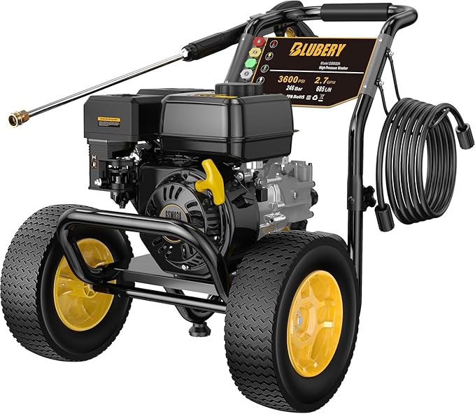 BLUBERY Gas Pressure Washer, 3600 PSI Pressure Washer,2.7 GPM Heavy Duty Power Washer, 30 feet Pressure Hose&Soap Tank,4-Stroke OHV 212cc Engine,Portable Industrial Style,Black