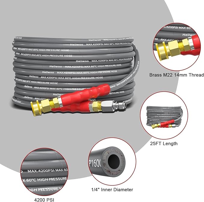 Pressure Washer Hose 25FT, 4200PSI High Tensile Wire Braid Kink Resistant Power Washer Extension Hose, 1/4'' Flexible Replacement Hose with M22-14mm Brass Swivel Thread and 3/8 Quick Connect