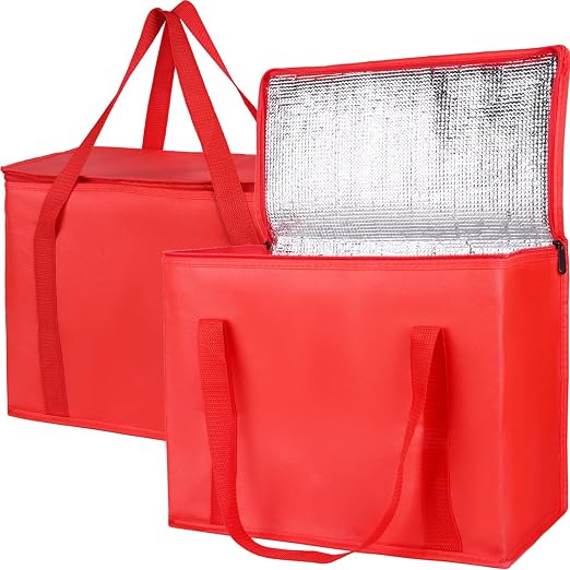 Bodaon 2-Pack Insulated Reusable Grocery Bag with Secure Top, X-Large Insulated Food/Pizza Delivery Bag, Frozen Foods Cold, Cooler Shopping Bags, Red