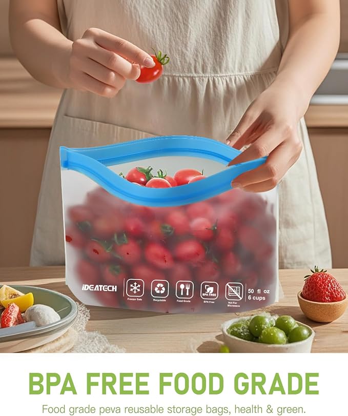 IDEATECH 24Pack Reusable Food Freezer Bags Dishwasher Safe, Leakproof Storage Contaizers, Reusable Bags Various Size for Food Storage, BPA Free Resealable Baggies(8Gallon 8Quart 8Snack,Colored)