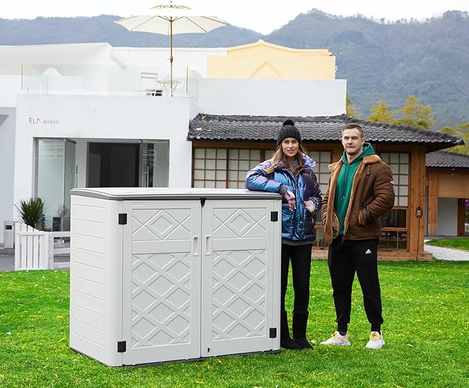 ADDOK 2SG Larger Horizontal Storage Shed Wood-Like, 4.4 x 2.8 ft Outdoor Storage Cabinet Lockable, Thick Resin Storage Unit for Trash Cans, Yard Tools(38 Cu.ft