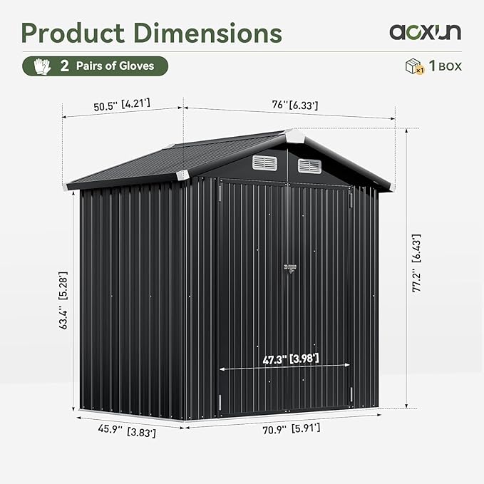 Aoxun 6.2x4 FT Shed Outdoor Galvanized Storage Shed with Large Lockable Doors for Lawn, Backyard, Patio (Black)