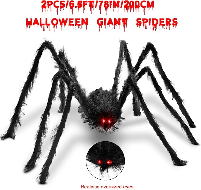 2PCS/6.5FT/78IN/200CM Halloween Giant Spiders Set: Acina Fake Large Hairy Spider Decorations, Scary Virtual Realistic Spider Props for Indoor Outdoor Creepy Decor Black