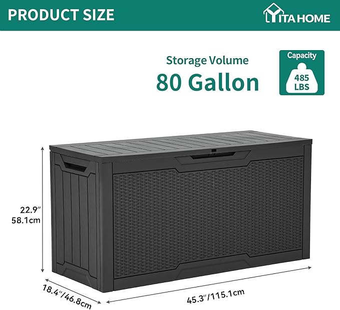 YITAHOME 80 Gallon Resin Deck Box, Weather Resistant Outdoor Rattan Storage Box, Lockable Indoor Outdoor Storage for Supplies and Essentials, Dark Gray
