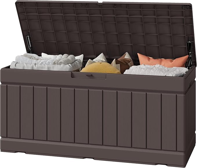 Greesum 82 Gallon Resin Deck Box Large Outdoor Storage for Patio Furniture, Garden Tools, Pool Supplies, Weatherproof and UV Resistant, Lockable, Dark Brown