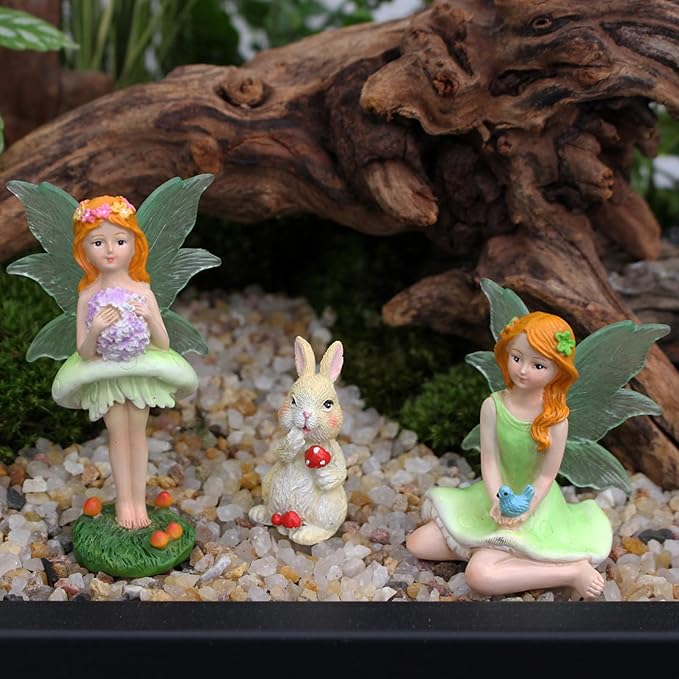 Mushroom Garden Miniatures Fairies Luminous Wings, Mini Garden Figurine Set Fairies Statues with a Rabbit for Outdoor Garden Yard Lawn Home Decor Lovely Resin Fairy Angel Accessories 3 PCS