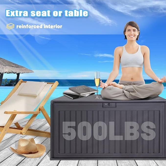 100 Gallon Waterproof Outdoor Storage Box, Outside Resin Deck Box for Patio Cushions, Garden Tools and Pool Supplies