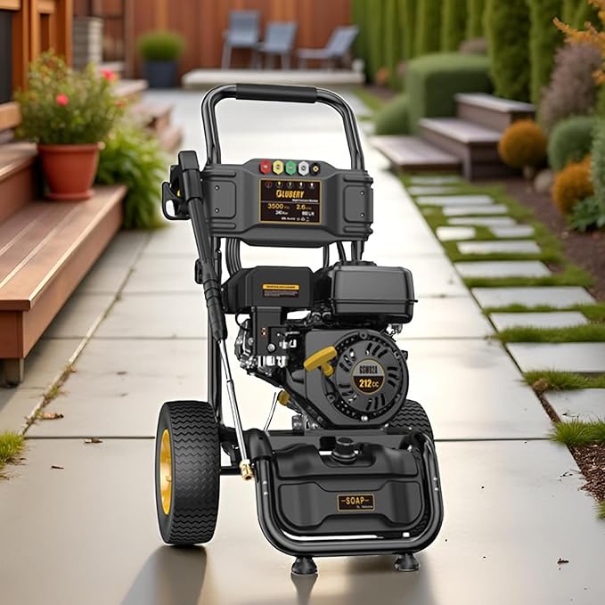 BLUBERY Gas Pressure Washer, 3500 PSI Pressure Washer,2.6 GPM Heavy Duty Power Washer, 30 feet Pressure Hose&Soap Tank,4-Stroke OHV 212cc Engine,Portable Industrial Style,Black