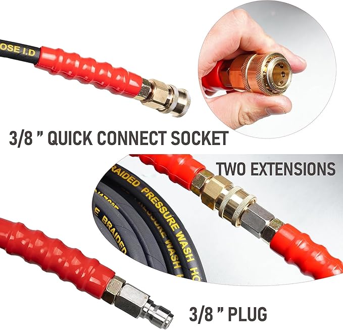 50 FT Pressure Washer Hose with 3/8" Quick Connect, 4000 PSI Kink Resistant High Tensile Wire Power Washer Hose