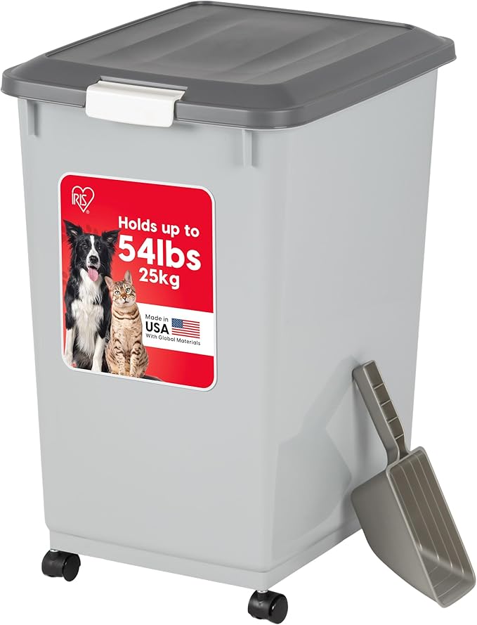 IRIS USA Dog Food Storage Container with Wheels, Airtight Lid, 2-Cup Scoop, Up to 54 Pounds Pet Food Storage, Built in Scoop Storage in Lid, Versatile Pet Food Bin, Portable, BPA Free, Gray/Dark Gray