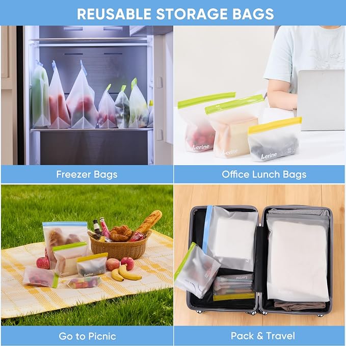 Lerine 6 Pack Reusable Freezer Bags 2 Gallon Stand-Up Dishwasher Safe, BPA-Free Reusable Gallon Bags, Leakproof Food Storage Bags for Meat Vegetables Bread Travel (Gray, 2Gallon)