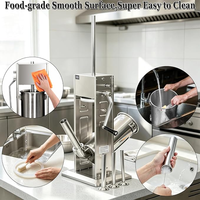 CTJ Sausage Stuffers Stainless Steel Sausage & Churro Maker 5L/11Lb,Silver | Manual 2 in 1 Sausage Stuffer & Churro Maker, 2-Speed Adjustable Vertical Sausage Maker, 4 Stuffing Tubes & Churros Nozzle