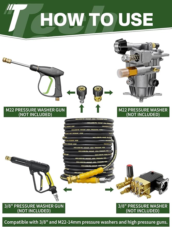 4200PSI Pressure Washer Hose 50FT with 3/8" Swivel Quick Connect for Cold/Hot Water, Kink Resistant Steel Wire Braided, Wear Resistant Power Washer Hose with 2 M22 14mm Adapter Set