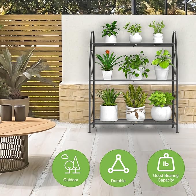 Plant Stand, 3 Tier Plant Shelf for Indoor Outdoor, Heavy Duty Metal Outdoor Plant Stand Holder Rack for Living Room Balcony and Garden, Iron Wire, Black