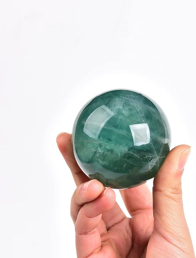 JIC Gem Small Natural Fluorite Crystal Ball Green Purple Quartz Healing Gemstone Sphere with Decorative Wooden Stand for Meditation,Home Decoration Christmas Day Gifts (60-70mm)