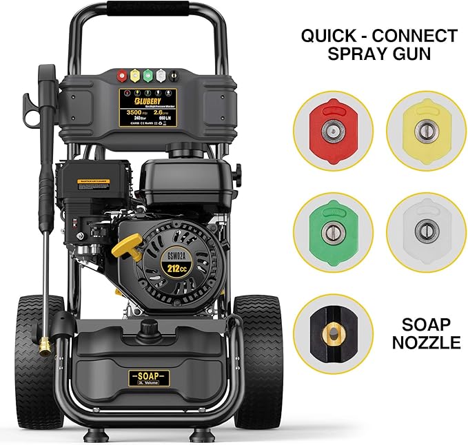 BLUBERY Gas Pressure Washer, 3500 PSI Pressure Washer,2.6 GPM Heavy Duty Power Washer, 30 feet Pressure Hose&Soap Tank,4-Stroke OHV 212cc Engine,Portable Industrial Style,Black