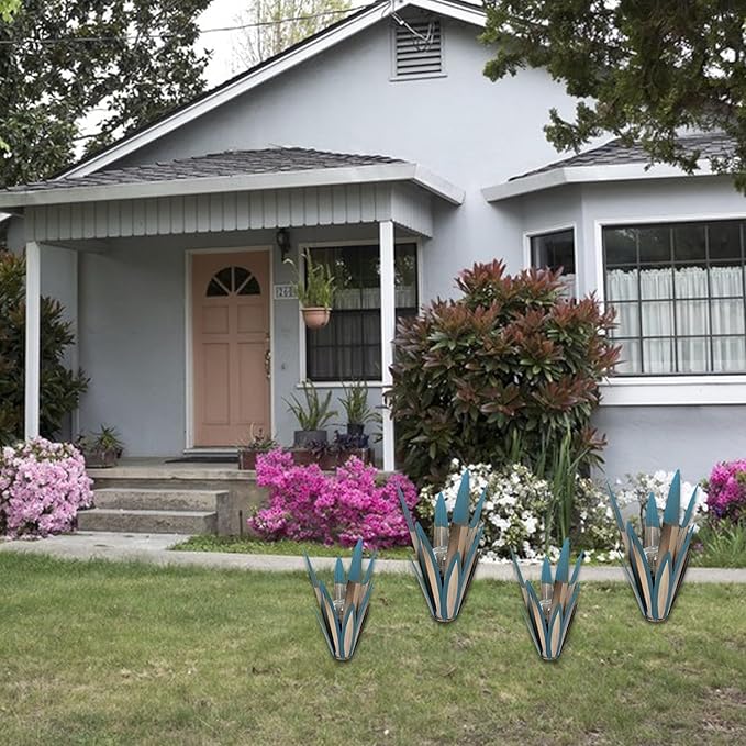 Metal Agave Plant Garden Art, 2 Pack Big Tequila Rustic Sculpture, Rustic Metal Agave Plants Lawn Home Ornaments, for Yard Stakes, Garden Figurines, Outdoor Patio (2 PCS Colorful with Light)