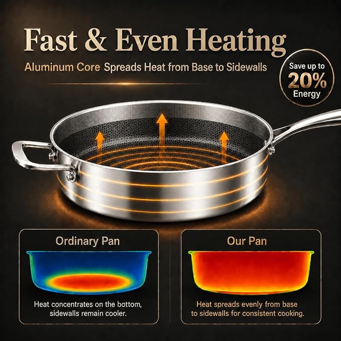 DELARLO Tri-Ply Stainless Steel 12 Inch Deep Frying Pan with lid,7QT Saute Pan Nonstick,Compatible with All Cooktops,Oven Up to 660℉,Chicken Fryer,Dishwasher-Friendly
