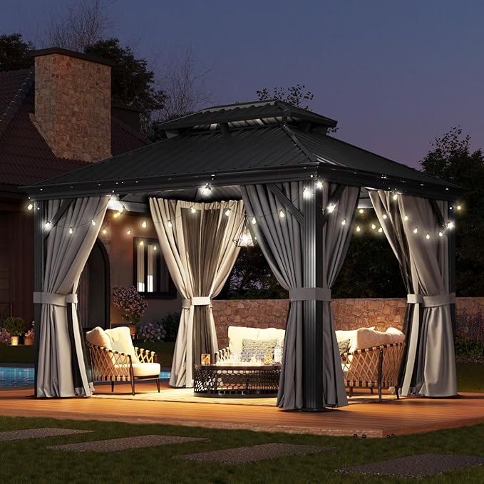 Aoxun 10' X 12' Hardtop Gazebo with Drainage System, Aluminum Outdoor Gazebo with Galvanized Steel Double Roof, Patio Permanent Metal Pavilion with Netting, for Garden, Deck, Easy Assemble